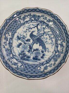 Vintage Toyo Japan Blue and White Peacock Plate/Serving Bowl on a Pedestal